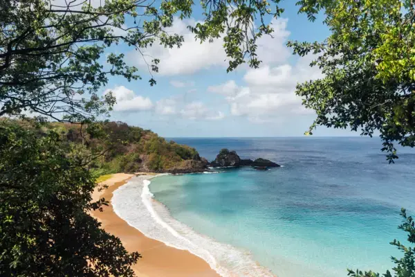 Vista da Praia do Sancho com vegetação e mar azul em Fernando de Noronha