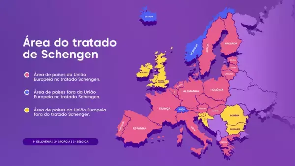 Mapa da Europa com informações sobre o Tratado Schengen