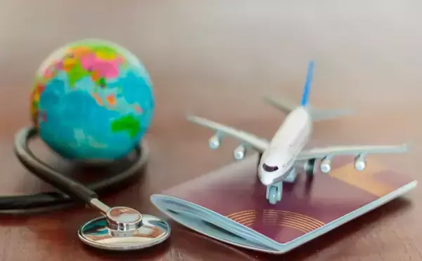 Um globo junto a uma miniatura de avisão em cima de um passaporte.