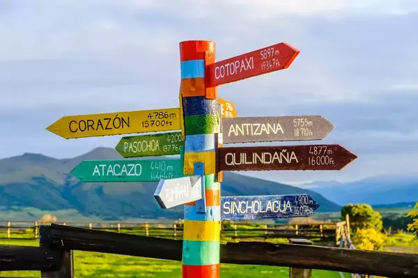 Placas com diferentes destinos no Equador