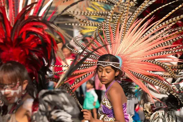 Menina fantasiada com penas na cabeça durante o carnaval