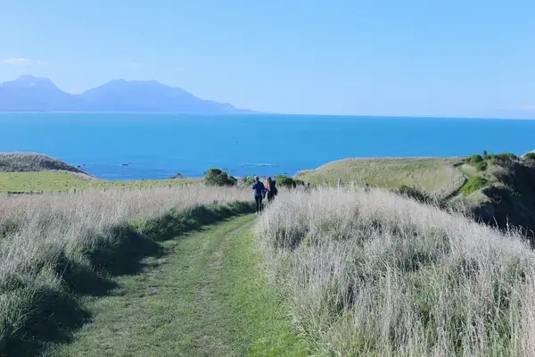 Pessoas descendo a montanha em frente ao mar em Kaikoura, Nova Zelândia