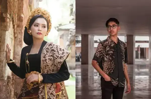 uma imagem dividida em dois: do lado esquerdo a mulher e no lado direito o homem com suas tradicionais vestes
