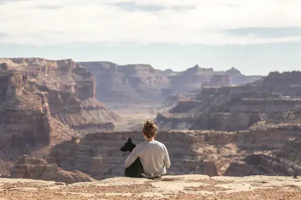Mulher e cachorro observando vista em cima de uma montanha