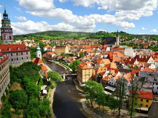 Vista de casas e rio em Cesky Krumlov, República Tcheca