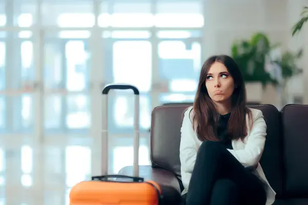 Mulher com expressão chateada esperando em aeroporto (Fonte: Adobe Stock)