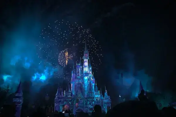 Castelo da Disney a noite com fogos de artifício