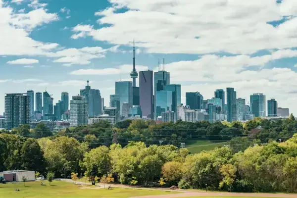 campo com muitas arvores verdes e atrás do campo verde um cenário com prédios