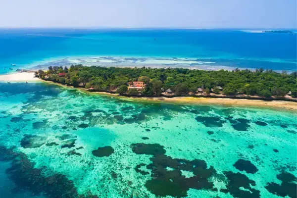 Mar, areia e árvores vistas de cima na ilha de Zanzibar
