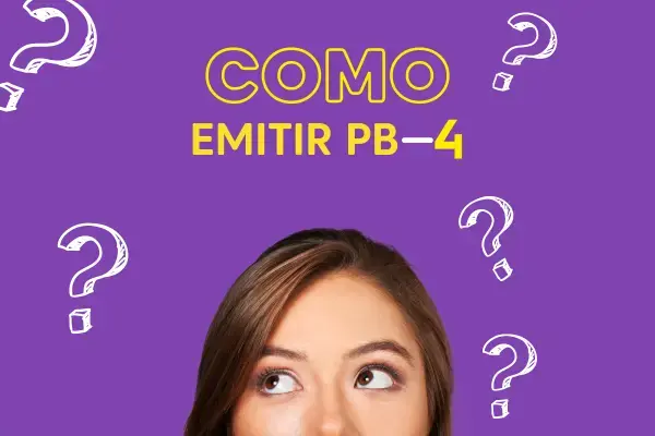 texto escrito "descubra como emitir o pb4" com interrogações e mulheres com expressão de dúvida