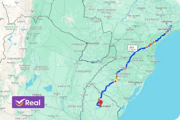 mapa mostrando a distância entre São Paulo e Uruguai
