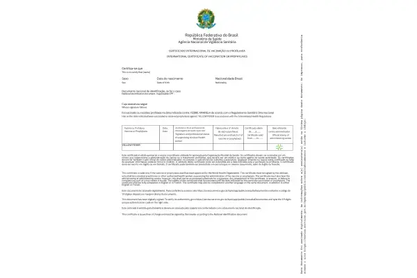 Modelo de Certificado Internacional de Vacinação para Febre Amarela (Fonte: Arquivo Pessoal)