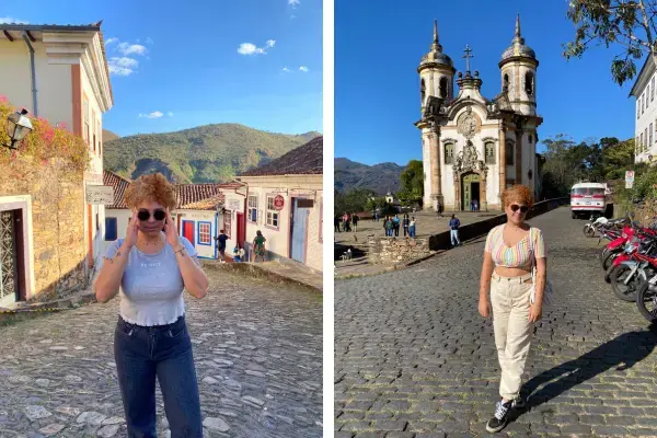 mulher em frente a uma igreja amarela iconica