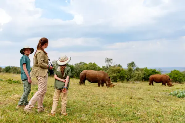 Mulher e crianças em safári observando rinocerontes
