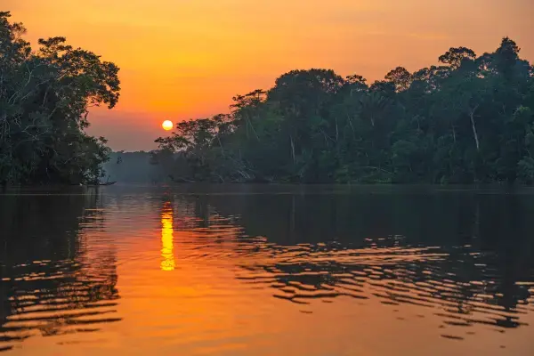 Por do sol refletido no rio na floresta amazônica