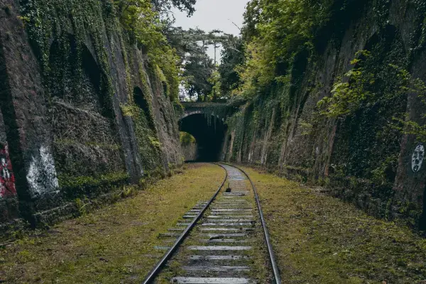 Trilho de trem abandonado cercado por paredes de pedra cobertas de vegetação, levando a um túnel escuro.
