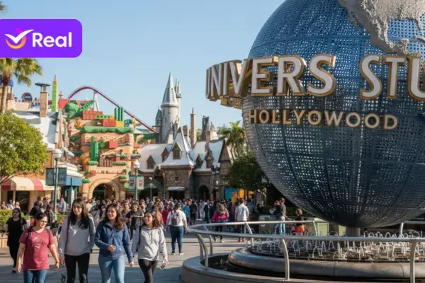 Imagem do Universal Studios Hollywood com o globo da Universal em destaque e atrações do parque ao fundo, sob um céu azul ensolarado, representando a diversão do parque temático em Los Angeles.