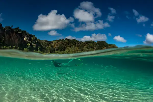 Mulher mergulhando no mar de Fernando de Noronha