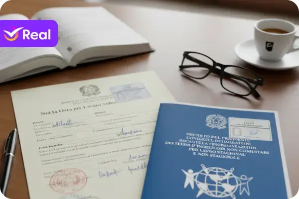 A imagem mostra uma mesa de madeira bem iluminada, possivelmente um escritório ou uma escrivaninha. No centro, há dois documentos importantes relacionados a processos migratórios e de trabalho na Itália. À esquerda, um documento em papel claro, que parece ser um "Nulla Osta per Lavoro Subordinato". Este documento está parcialmente preenchido com algumas informações manuscritas e carimbos, indicando sua autenticidade e processamento. O design geral sugere um documento oficial da República Italiana. À direita, há uma capa de documento azul com o brasão da República Italiana na parte superior. O título principal em letras brancas destaca-se: "DECRETO DEL PRESIDENTE DEL CONSIGLIO DEI MINISTRI RECANTE LA PROGRAMMAZIO DEI FLUSSI D'INGRESSO NEI PAESI EXTRA COMUNITARI PER LAVORO STAGIONALE E NON STAGIONALE". Abaixo, há um globo terrestre estilizado com pessoas ao redor, simbolizando a migração global. Acima do título, à direita, há uma etiqueta branca com a palavra "VISTO" e o brasão italiano, que pode indicar um visto de trabalho. Este documento é claramente o Decreto Flussi. Ao redor dos documentos, há outros objetos que complementam o cenário de trabalho e estudo: No canto superior esquerdo, um livro aberto com páginas brancas e texto. No canto superior direito, uma xícara de café branca com um logotipo sutil e um pires, ao lado de um par de óculos de leitura pretos dobrados. No canto inferior esquerdo, uma caneta preta elegante repousando ao lado do "Nulla Osta". A iluminação é suave e natural, destacando os detalhes dos documentos e criando uma atmosfera de seriedade e importância. A imagem transmite a ideia de um processo burocrático e organizado, essencial para quem busca trabalhar legalmente na Itália.