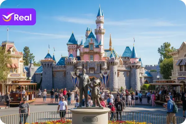 Foto do Castelo da Bela Adormecida na Disneyland, Califórnia, com suas torres azuis e telhados cor-de-rosa, cercado por flores coloridas sob um céu azul ensolarado.