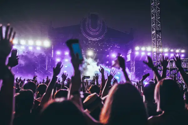 Público de costas em show noturno com palco iluminado ao fundo