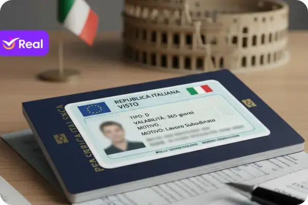 A imagem apresenta uma composição focada em um passaporte italiano e um visto de trabalho, ambientados em uma mesa de madeira clara que sugere um ambiente de escritório ou estudo. No centro da imagem, um passaporte italiano azul escuro está aberto, mostrando uma página com um visto colado. O visto é um adesivo retangular com fundo claro, exibindo o brasão da República Italiana e a bandeira italiana. Detalhes legíveis no visto incluem: "REPUBBLICA ITALIANA" no topo. "VISTO" e informações como "TIPO: D" (indicando um visto de longa duração), "VALABILITA: 365 giorni" (validade de 365 dias) e "MOTIVO: Lavoro Subordinato" (motivo: trabalho empregado). Há um espaço para uma foto de passaporte de uma pessoa. Logotipos da União Europeia também são visíveis. Ao redor do passaporte e do visto, há outros elementos que complementam o tema: À esquerda, um pequeno mastro dourado com uma bandeira da Itália (verde, branco e vermelho) está em pé. Atrás da bandeira e do passaporte, um modelo em miniatura do Coliseu de Roma, feito em um material de cor bronze ou madeira clara, adiciona um toque cultural e geográfico. Na parte inferior da imagem, à esquerda, há a ponta de uma caneta preta sobre alguns documentos borrados, sugerindo que o passaporte e o visto são parte de um processo maior de papelada. A iluminação é suave e uniforme, destacando os detalhes dos objetos e criando uma sensação de clareza e importância para os documentos representados. A imagem capta a essência de um visto de trabalho para a Itália, unindo elementos burocráticos com ícones culturais do país.