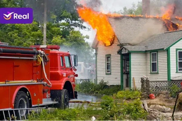 a esqueda, um caminhao dos bombeiros se aproximando de uma casa em chamas, que está à direita