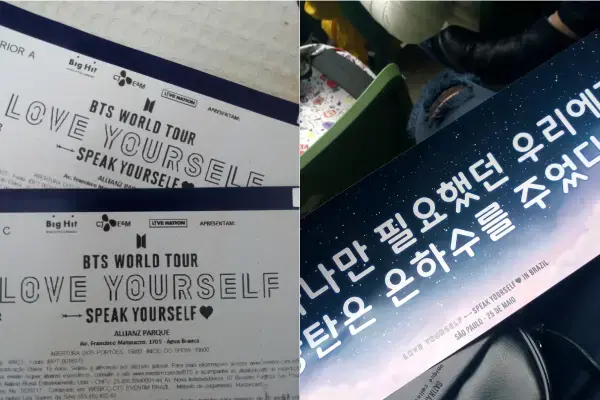 Dois ingressos para o show do BTS da turnê "Love Yourself: Speak Yourself" e uma faixa de fã com texto em coreano. O clima é de muita animação e expectativa.