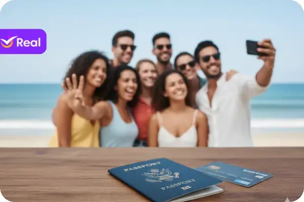 A imagem tem um design limpo e foca em transmitir uma sensação de segurança e alegria em viagens. Na parte superior, em um fundo escuro que se funde ao restante da imagem, há um texto branco que diz "Proteção para suas Viagens". Entre as palavras "para" e "suas", há um escudo estilizado em tom de azul ciano brilhante, que se destaca e simboliza proteção e segurança. Abaixo, a cena principal se desenrola: Em primeiro plano, sobre uma superfície de madeira clara (provavelmente uma mesa ou balcão), estão dispostos um passaporte azul escuro (ligeiramente aberto) e um cartão de crédito azul próximo a ele. Esses itens representam os instrumentos essenciais para uma viagem. Em segundo plano, desfocada para dar profundidade e foco aos objetos da frente, há uma praia ensolarada. Um grupo de sete amigos diversos está visivelmente feliz e interagindo. Vários deles estão sorrindo, e um dos amigos à direita está tirando uma selfie com um smartphone, enquanto outro faz um sinal de "paz e amor". A atmosfera é de diversão e relaxamento em um destino de viagem. A composição geral da imagem une a seriedade dos documentos de viagem (passaporte e cartão de crédito) com a alegria e a despreocupação de uma viagem em grupo, tudo sob o guarda-chuva simbólico da proteção representada pelo escudo azul.