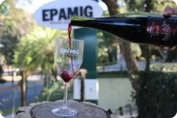 Vinho tinto Syrah servido em taça com a marca da pesquisa EPAMIG.