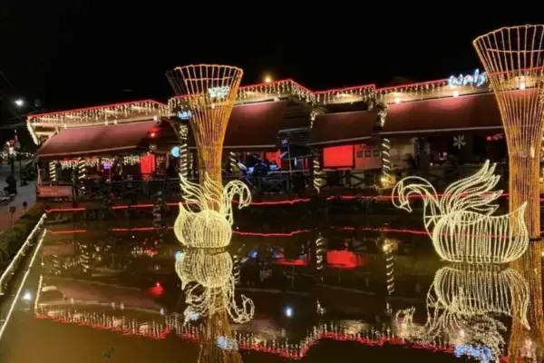 Restaurante em Monte Verde decorado com luzes natalinas refletidas no lago, criando cenário iluminado à noite.