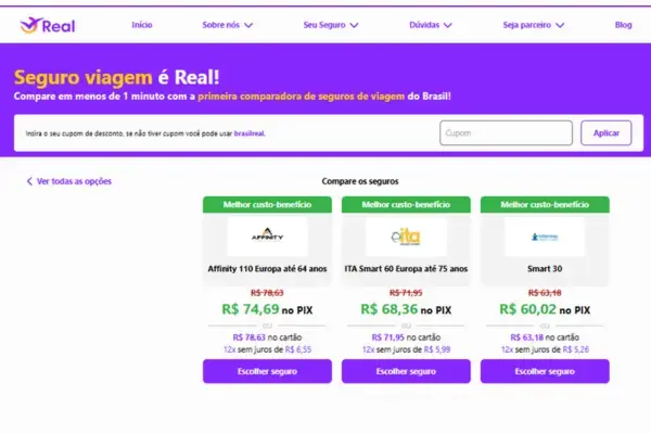 Tela de comparação com opção para colocar cupom de desconto no site da real seguro viagem