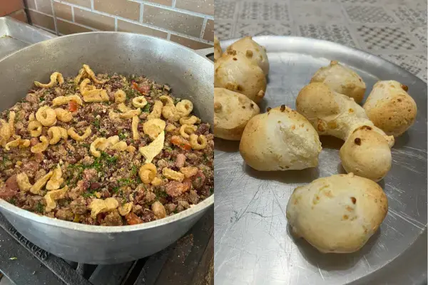 Prato com torresmo e pão de queijo servidos em Barbacena.