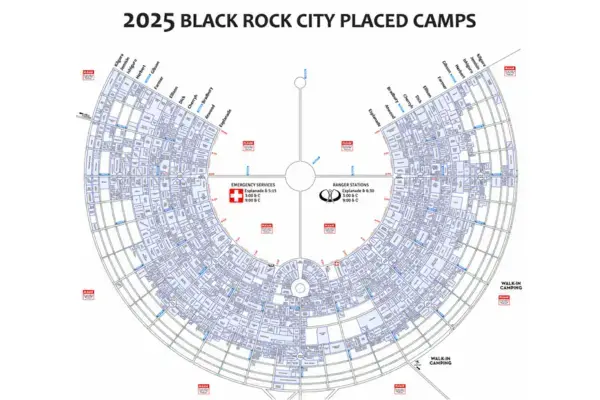 Mapa oficial dos acampamentos da Black Rock City no Burning Man 2025
