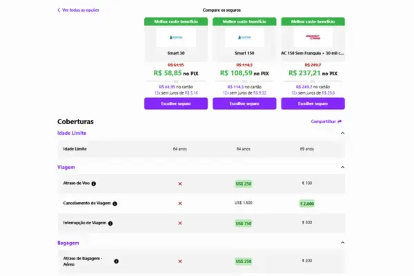 comparação de planos de seguro viagem para europa no site da Real