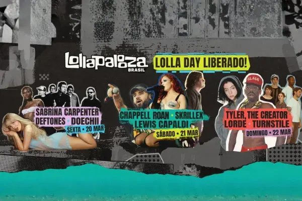 Arte oficial do Lollapalooza Brasil com lineup dividido por dias, destacando Sabrina Carpenter, Chappell Roan, Skrillex, Tyler, The Creator e Lorde.