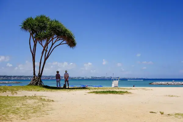 Duas pessoas observam o mar em uma praia japonesa