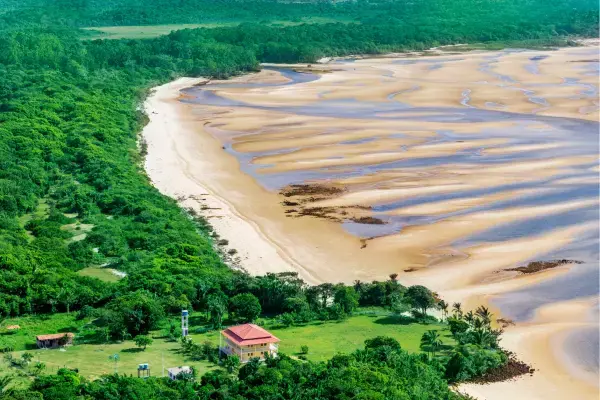 Vista aérea da Ilha do Marajó com praia de areia clara e áreas de vegetação.