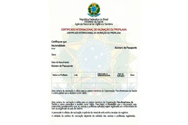 modelo de um certificado de vacinação contra a febre amarela