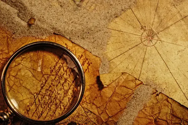 mapa antigo e lupa (Fonte: Canva)