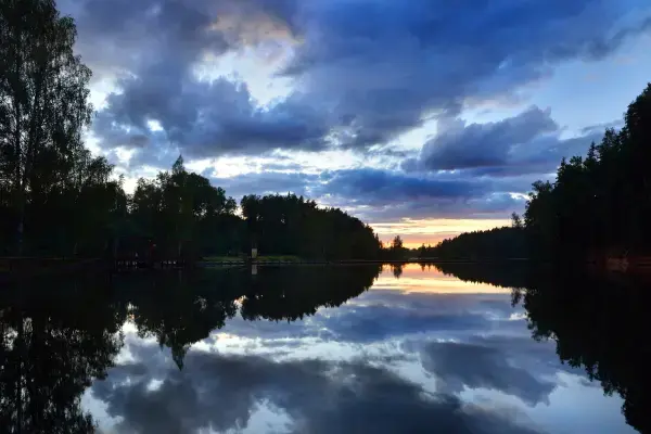 Árvores espelhadas em rio do Parque Nacional de Gauja