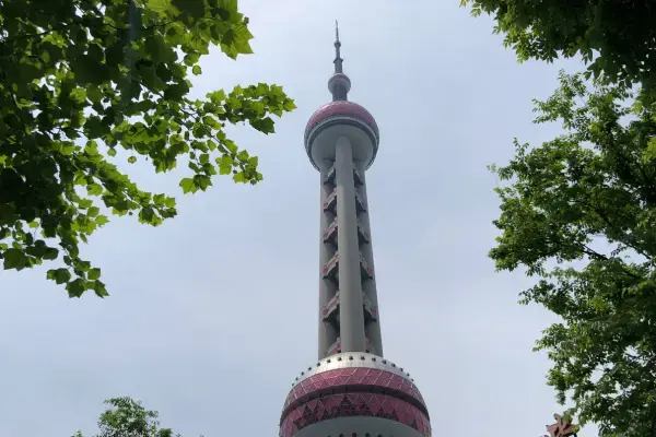 Vista de baixo para cima da Oriental Pearl Tower em Xangai, destacando suas esferas rosadas e estrutura de concreto cinza contra um céu claro. A torre é emoldurada por folhas verdes vibrantes de árvores nos cantos superiores e laterais da imagem, criando um contraste natural com a arquitetura futurista da construção.