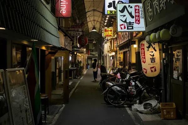 Beco tradicional com izakayas e lanternas no Japão