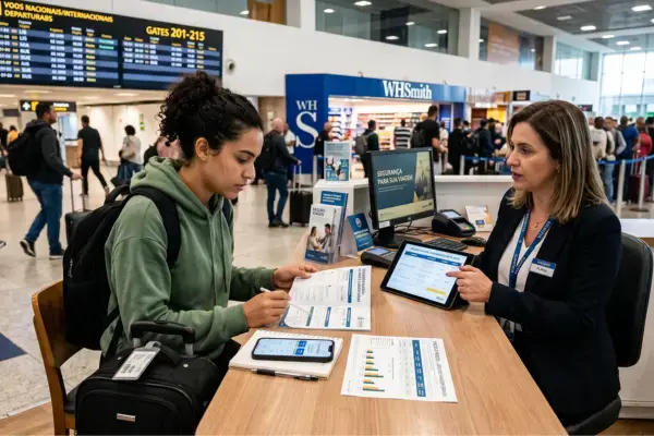 Viajante comparando opções de seguro viagem no aeroporto