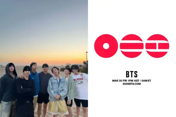 Imagem dos integrantes do BTS reunidos ao ar livre ao entardecer, com o pôr do sol ao fundo, ao lado do logo do BTS com a data do comeback de 2026.