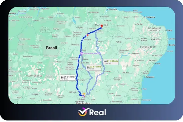 mapa mostrando a distancia de tres caminhos que levam brasilia ate o maranhao