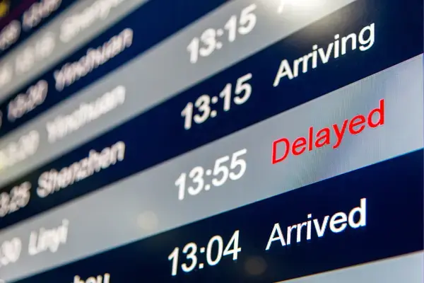 Painel de voos em aeroporto com status de atraso em destaque