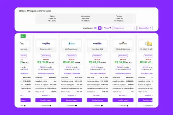 Painel de cotação de seguro viagem da Real