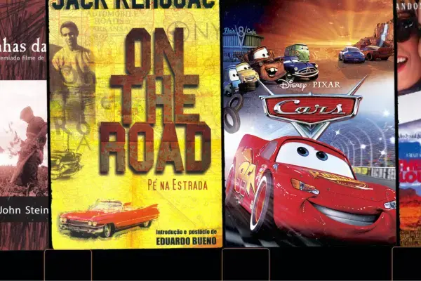 Capas do livro On the Road e do filme Carros, inspirados na Rota 66.