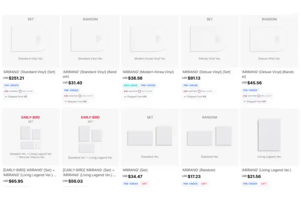 Catálogo de CDS e vinis "Arrang" do BTS com várias opções de estilos e versões, incluindo vinil padrão, moderno, deluxe e coleções festivas, disponíveis para compra online.